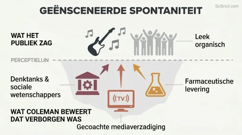 Iceberg diagram showing Beatles-era cultural phenomena above a perception line and alleged institutional orchestrators like Tavistock and media networks below it.