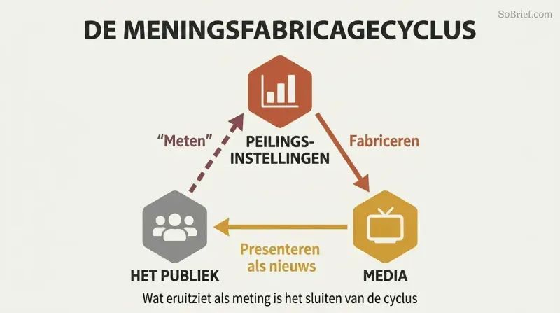 Triangular cycle showing polling institutions feeding narratives to media, media shaping public belief, and pollsters then measuring what they manufactured.