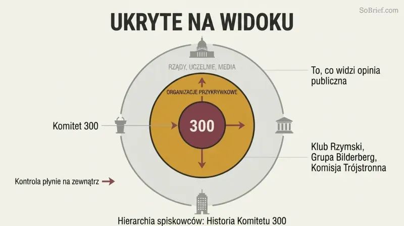 Three concentric rings showing how a hidden inner committee controls visible governments through intermediate front organizations.