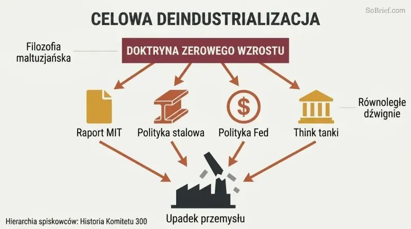 Funnel diagram showing a zero-growth doctrine feeding four policy mechanisms that converge downward onto a collapsed factory silhouette.