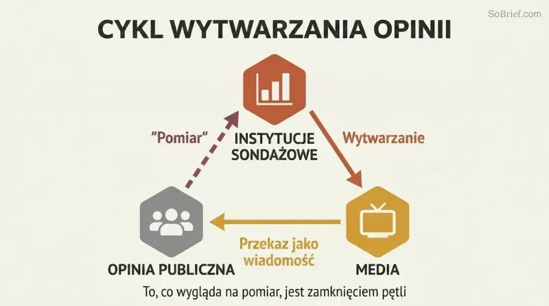 Triangular cycle showing polling institutions feeding narratives to media, media shaping public belief, and pollsters then measuring what they manufactured.