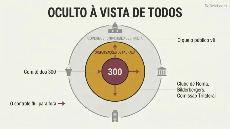 Three concentric rings showing how a hidden inner committee controls visible governments through intermediate front organizations.
