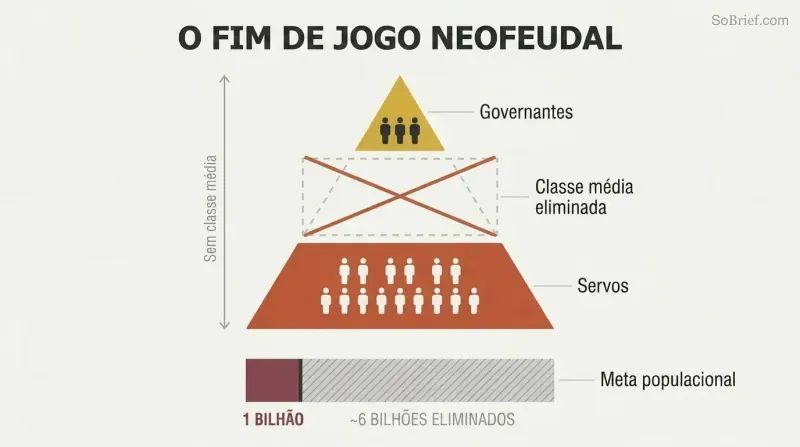 Two-tier pyramid with a missing middle class section and a population bar showing reduction from seven billion to one billion.