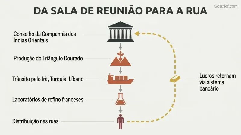 Vertical flow diagram tracing a drug supply chain downward from an aristocratic boardroom through production, transit, and refining stages, with a gold money-return arrow cycling profits back to the top.
