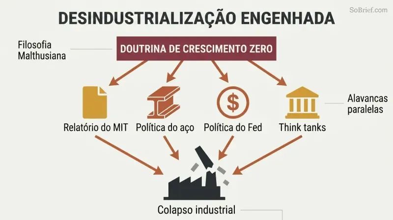 Funnel diagram showing a zero-growth doctrine feeding four policy mechanisms that converge downward onto a collapsed factory silhouette.