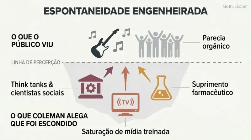Iceberg diagram showing Beatles-era cultural phenomena above a perception line and alleged institutional orchestrators like Tavistock and media networks below it.