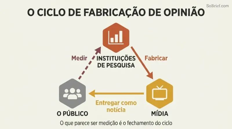 Triangular cycle showing polling institutions feeding narratives to media, media shaping public belief, and pollsters then measuring what they manufactured.