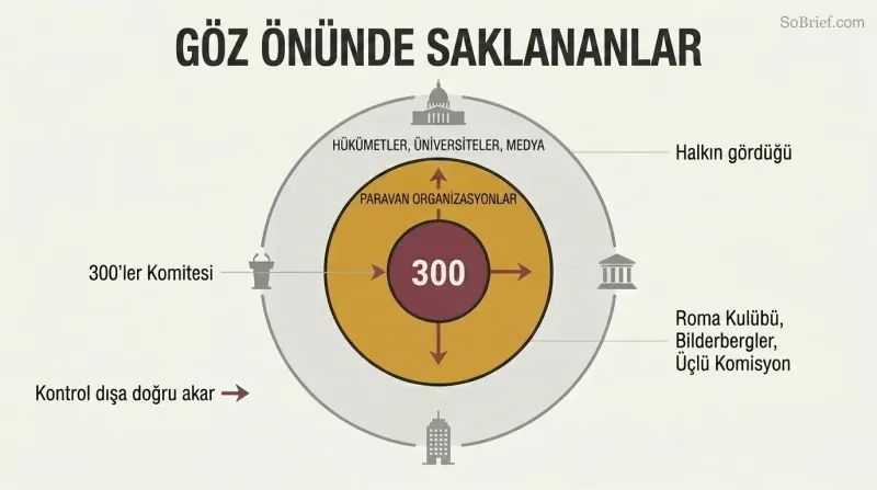 Three concentric rings showing how a hidden inner committee controls visible governments through intermediate front organizations.