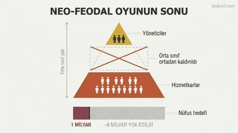 Two-tier pyramid with a missing middle class section and a population bar showing reduction from seven billion to one billion.