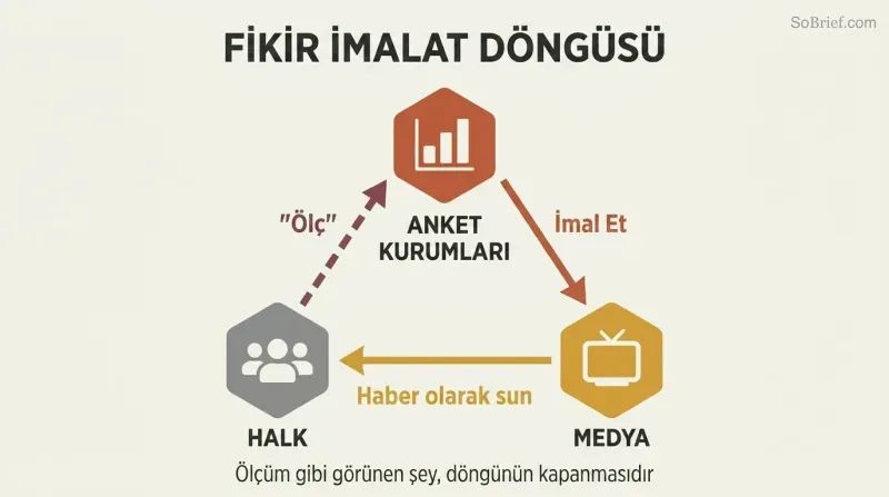 Triangular cycle showing polling institutions feeding narratives to media, media shaping public belief, and pollsters then measuring what they manufactured.