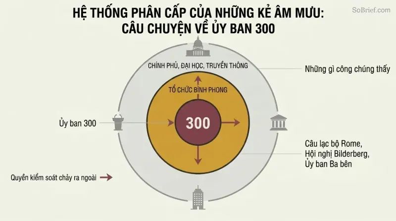 Three concentric rings showing how a hidden inner committee controls visible governments through intermediate front organizations.