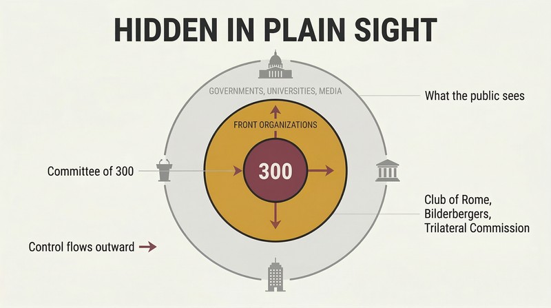 Three concentric rings showing how a hidden inner committee controls visible governments through intermediate front organizations.