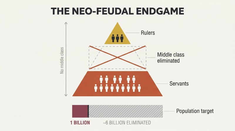 Two-tier pyramid with a missing middle class section and a population bar showing reduction from seven billion to one billion.