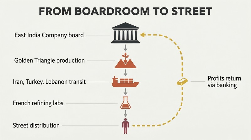 Vertical flow diagram tracing a drug supply chain downward from an aristocratic boardroom through production, transit, and refining stages, with a gold money-return arrow cycling profits back to the top.