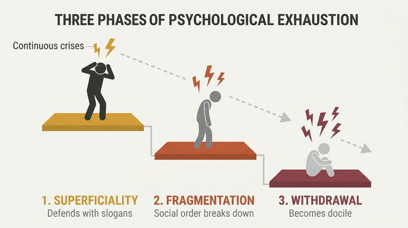 Descending staircase showing a human figure progressively slumping through three phases — superficiality, fragmentation, and withdrawal — as crisis bolts strike from above.