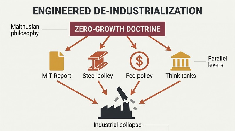 Funnel diagram showing a zero-growth doctrine feeding four policy mechanisms that converge downward onto a collapsed factory silhouette.