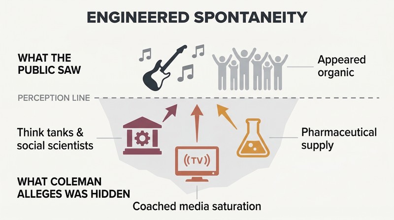 Iceberg diagram showing Beatles-era cultural phenomena above a perception line and alleged institutional orchestrators like Tavistock and media networks below it.