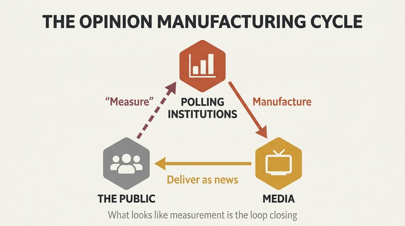 Triangular cycle showing polling institutions feeding narratives to media, media shaping public belief, and pollsters then measuring what they manufactured.