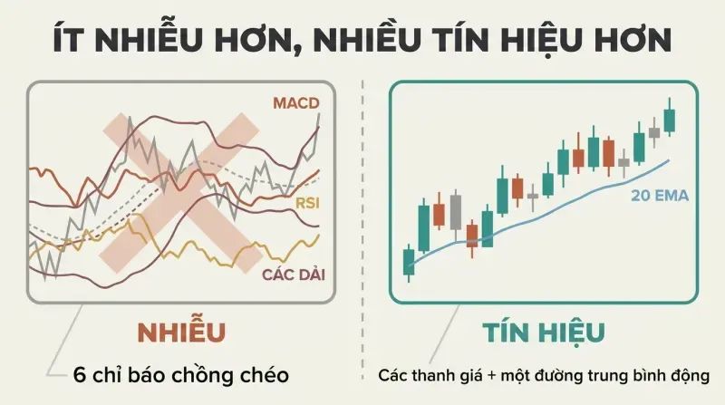 Split panel comparing a cluttered chart covered in overlapping indicators against a clean chart showing only price bars and one moving average.