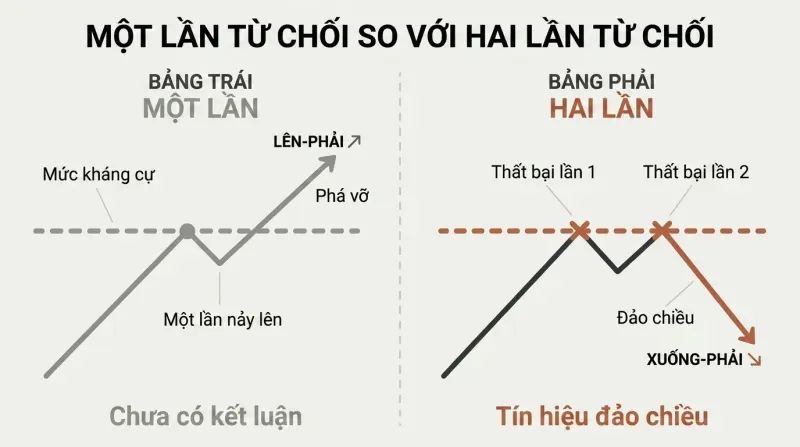 Split panel comparing a single price rejection at resistance that means nothing versus two failed breakouts at the same level triggering a sharp reversal.