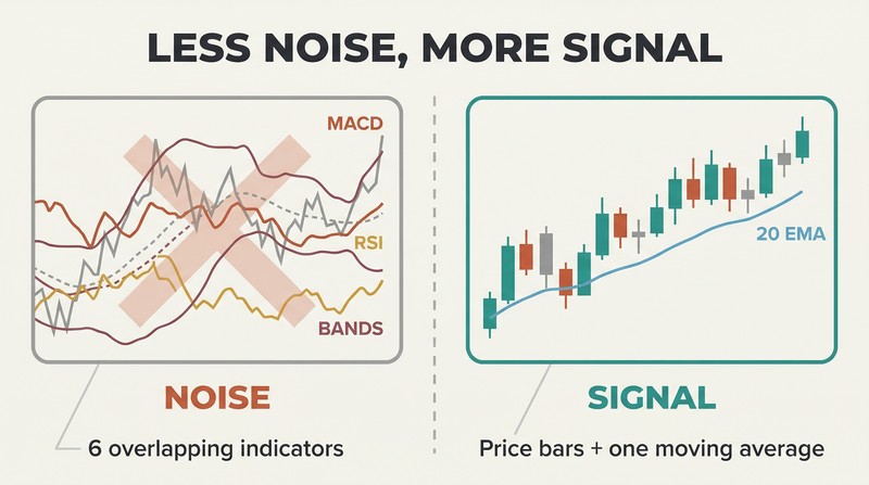Split panel comparing a cluttered chart covered in overlapping indicators against a clean chart showing only price bars and one moving average.