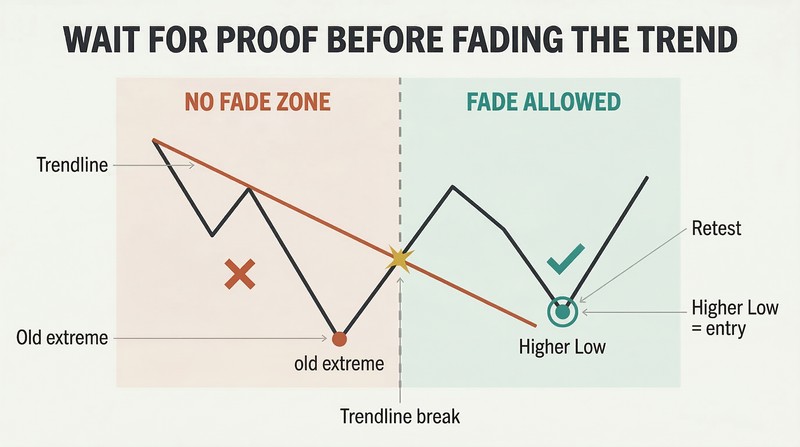 Schematic price chart showing a downtrend with a trendline break as the threshold that separates a no-fade zone from a valid countertrend entry zone after retest.