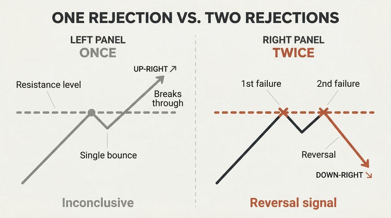Split panel comparing a single price rejection at resistance that means nothing versus two failed breakouts at the same level triggering a sharp reversal.