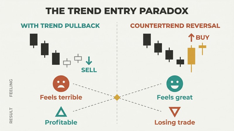 Split panel comparing two trade entries where the scary-looking pullback trade profits and the attractive-looking reversal trade loses, with crossed lines revealing the paradox.