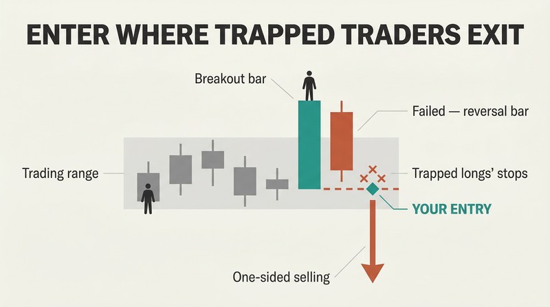 Simplified price bar sequence showing a failed breakout where trapped buyers' stop orders cluster at a specific price level, becoming the short entry point that triggers one-sided selling.
