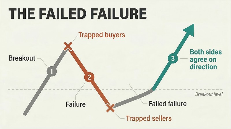Zigzag price path showing an original breakout, its failure trapping buyers, then the failure's failure trapping sellers, culminating in a strong high-probability move.