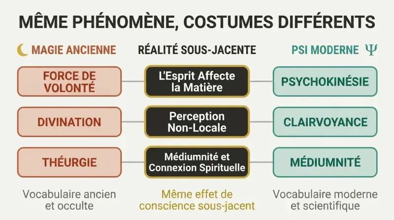 A comparative chart mapping historical magic terms to modern parapsychological terms, showing both point to identical underlying consciousness effects.