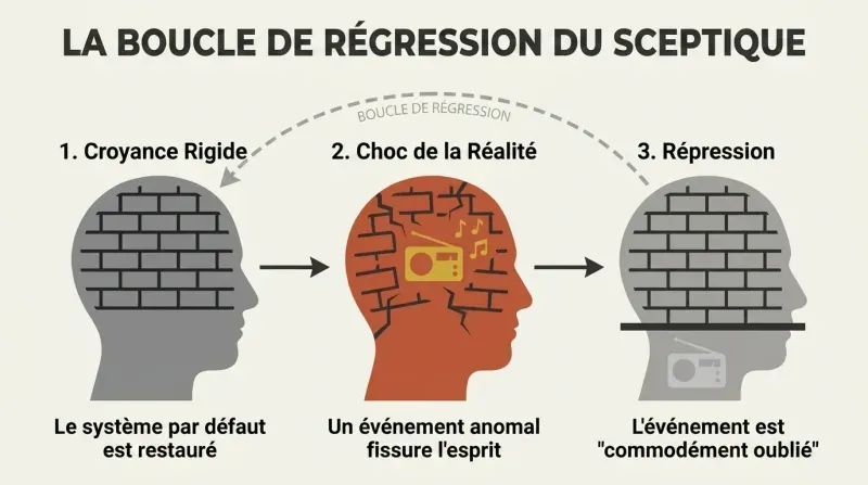 Three-step diagram showing a skeptic's mind shifting from rigid belief to anomalous shock, then to convenient forgetting, looping back to the starting belief.