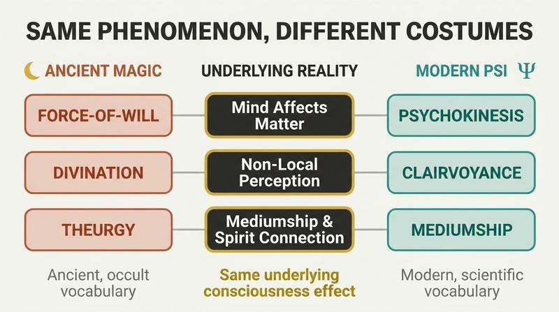 A comparative chart mapping historical magic terms to modern parapsychological terms, showing both point to identical underlying consciousness effects.