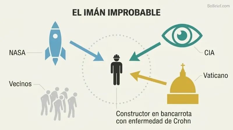 Small solitary figure at center with large icons representing NASA, CIA, and the Vatican converging inward toward him, while a group of figures turns away.