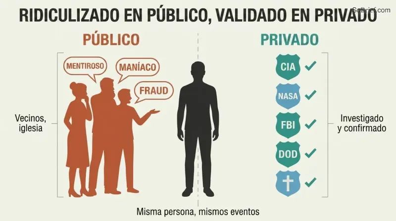 Split panel showing a single figure at center with community mockery on the left and institutional agency seals confirming validation on the right.