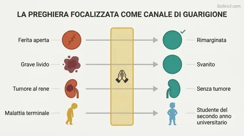 Four illness states on the left flow through a narrow golden prayer channel at center, emerging as four healed states on the right, showing a repeating transformation pattern.