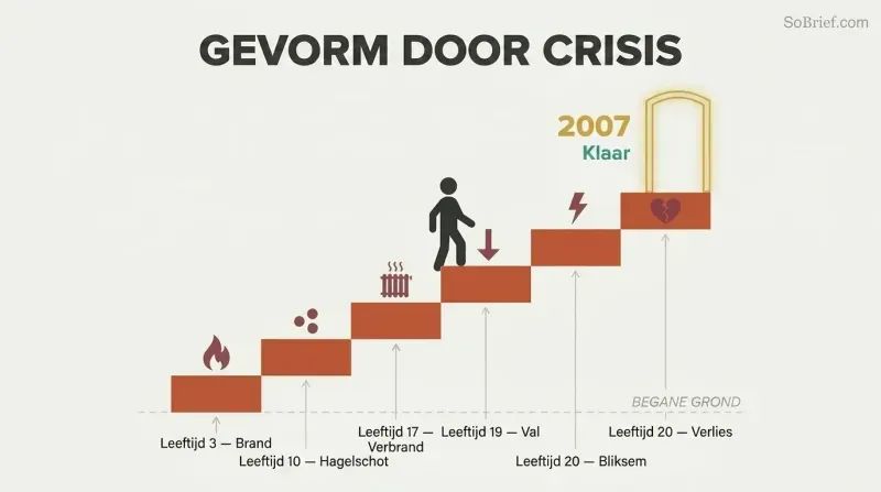 Ascending staircase of six crisis events labeled by age, with a silhouette figure climbing toward a glowing threshold marked 2007, showing cumulative preparation through survival.