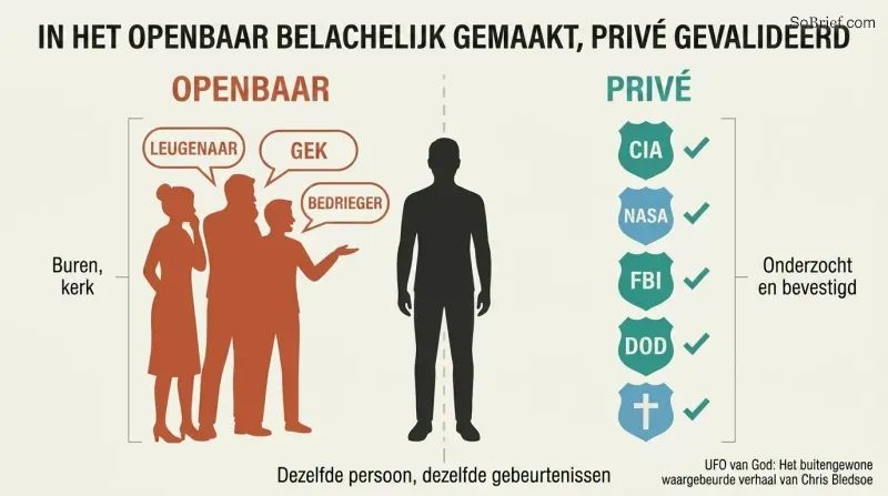 Split panel showing a single figure at center with community mockery on the left and institutional agency seals confirming validation on the right.
