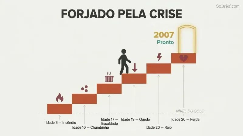 Ascending staircase of six crisis events labeled by age, with a silhouette figure climbing toward a glowing threshold marked 2007, showing cumulative preparation through survival.