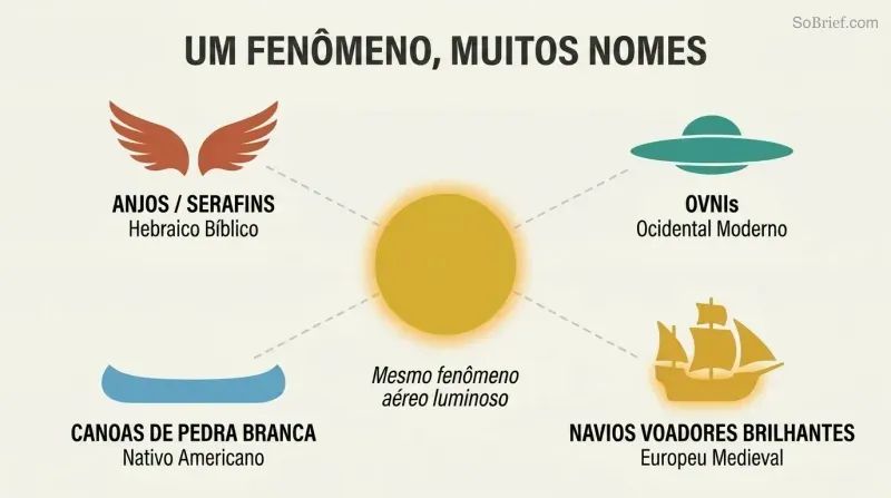 Hub-spoke diagram showing a central luminous orb connected to four cultural labels — angels, UFOs, stone canoes, and flying ships — illustrating one phenomenon named differently across cultures.