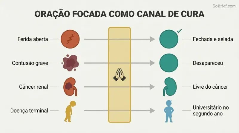 Four illness states on the left flow through a narrow golden prayer channel at center, emerging as four healed states on the right, showing a repeating transformation pattern.
