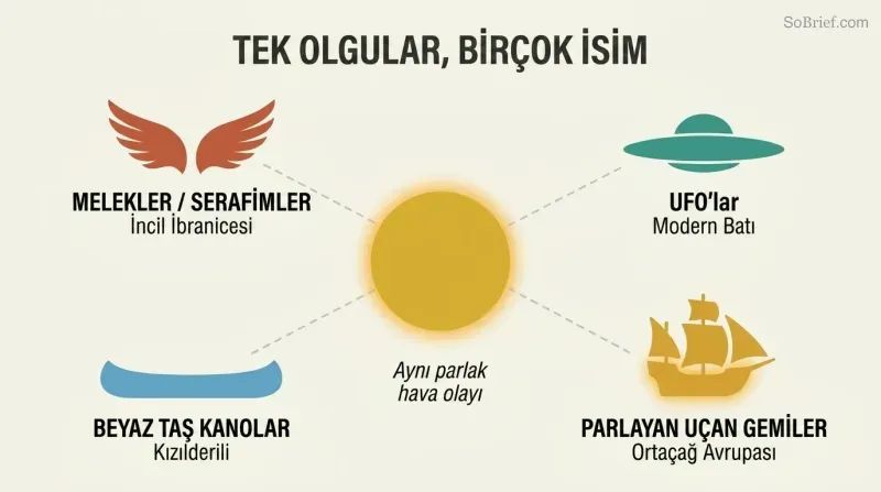 Hub-spoke diagram showing a central luminous orb connected to four cultural labels — angels, UFOs, stone canoes, and flying ships — illustrating one phenomenon named differently across cultures.