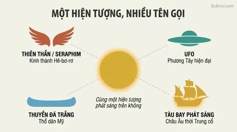 Hub-spoke diagram showing a central luminous orb connected to four cultural labels — angels, UFOs, stone canoes, and flying ships — illustrating one phenomenon named differently across cultures.