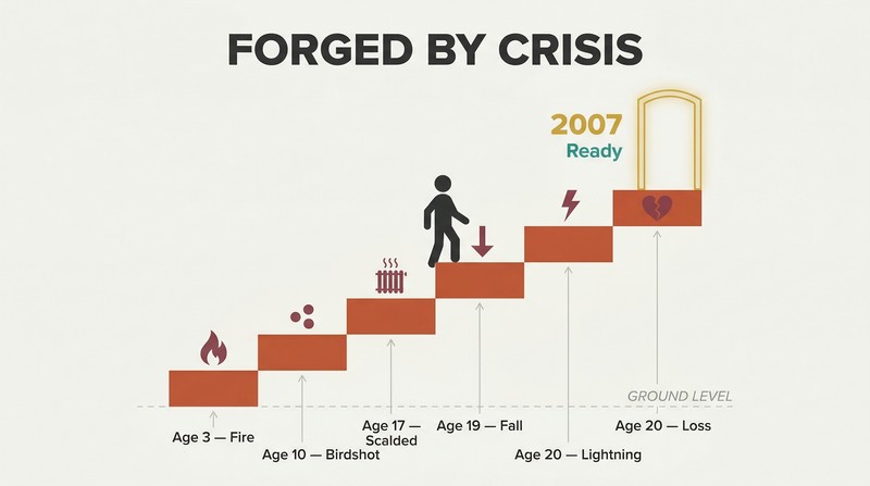 Ascending staircase of six crisis events labeled by age, with a silhouette figure climbing toward a glowing threshold marked 2007, showing cumulative preparation through survival.