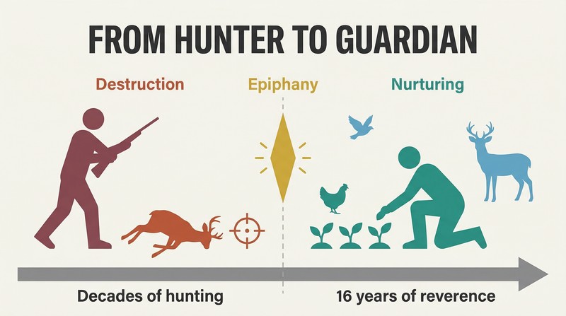 Split panel showing a rifle-carrying hunter silhouette on the left transforming through a central light into a figure tending a garden surrounded by animals on the right.