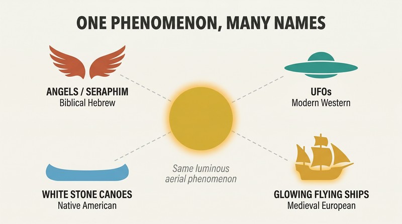 Hub-spoke diagram showing a central luminous orb connected to four cultural labels — angels, UFOs, stone canoes, and flying ships — illustrating one phenomenon named differently across cultures.