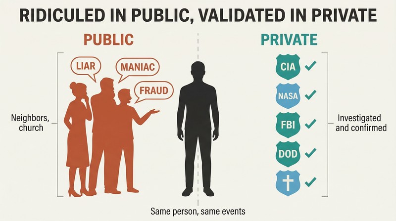 Split panel showing a single figure at center with community mockery on the left and institutional agency seals confirming validation on the right.