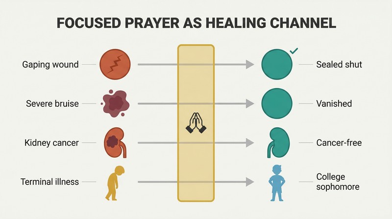 Four illness states on the left flow through a narrow golden prayer channel at center, emerging as four healed states on the right, showing a repeating transformation pattern.