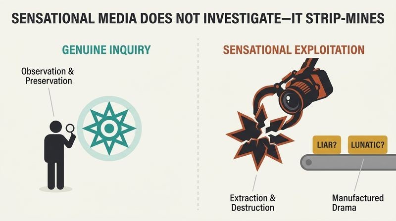 Split panel comparison showing genuine inquiry preserving a glowing star of mystery on the left, while sensational media strip-mines it into fragments labeled "Liar?" and "Lunatic?" on the right.