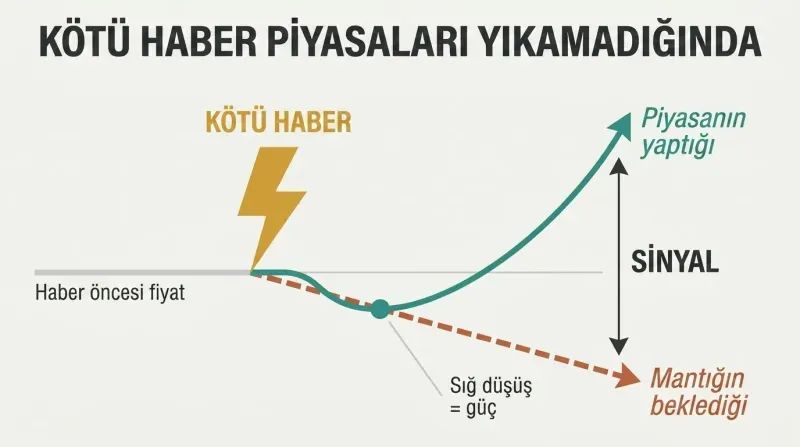 Fork diagram showing a market price line that dips briefly on bad news then rallies upward, diverging sharply from the expected crash path shown as a dashed declining line.